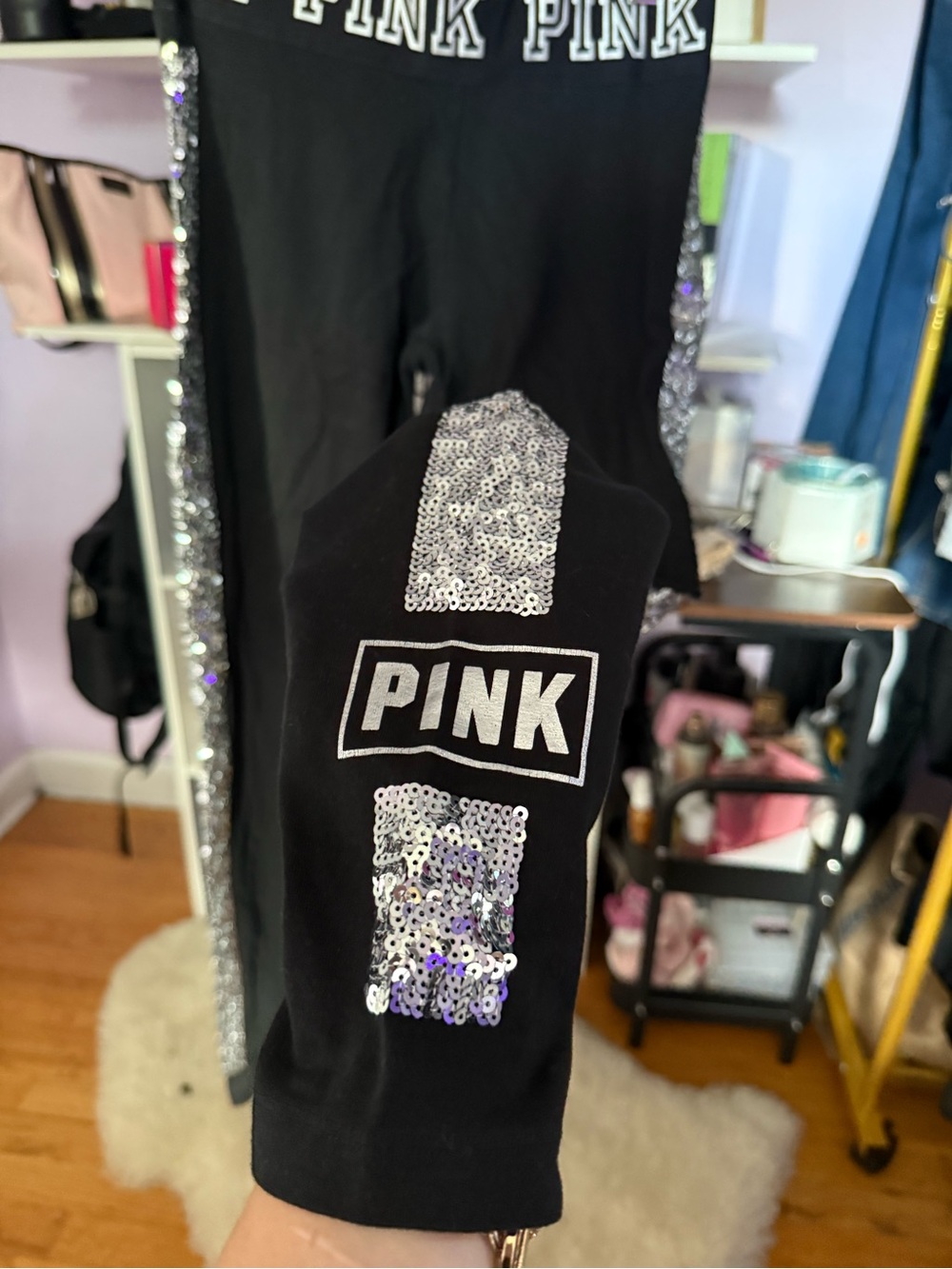 PINK Victoria's Secret Black Leggings with Silver Sequin Side Stripes - Picture 3 of 10